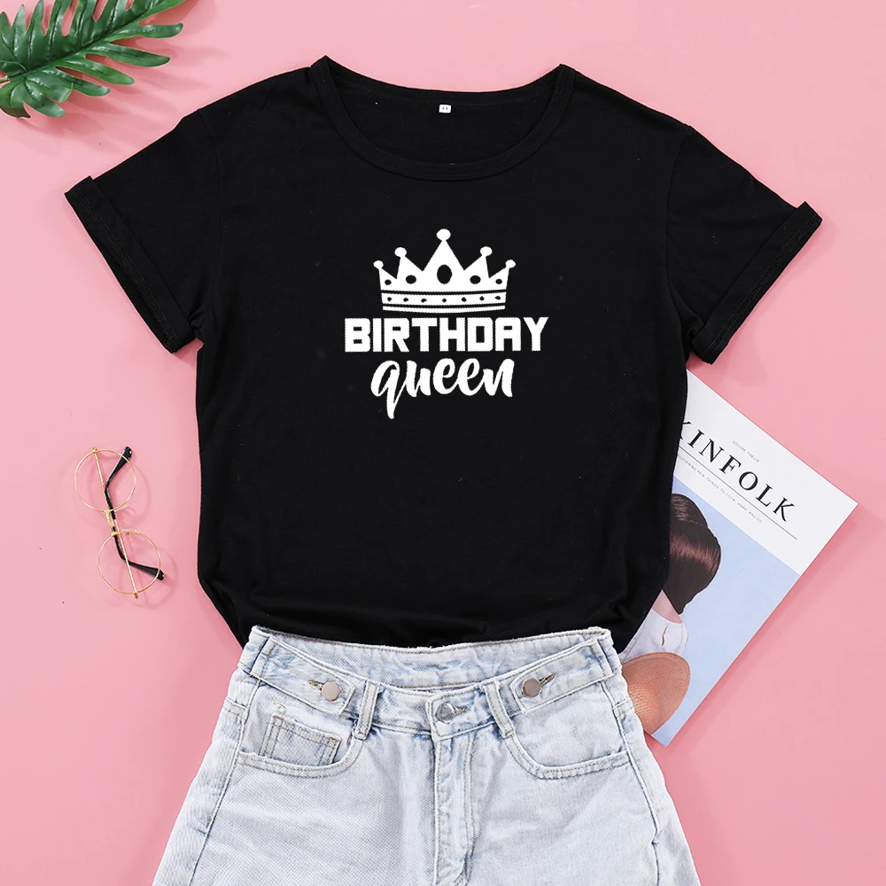 Verjaardag Koningin Brief Print Vrouwen Korte Mouw T-shirt Katoen Causale Grafische Tee Oversized Tops Verjaardagsfeestje T-shirt Voor meisjes