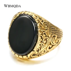 Wbmqda Luxury Vintage Big Black Stone Rings For Men Ethnic Turkish Indian Jewelry Antique Gold Color Signet Finger Ring