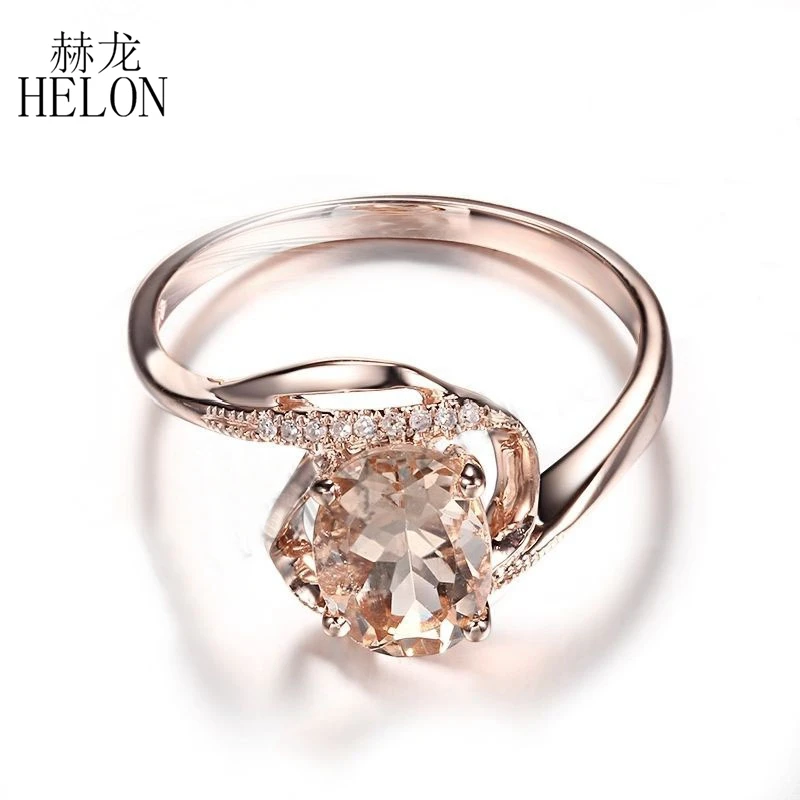 HELON Solid 10K Rose Gold Flawless Oval 7x5mm Natural Morganite Diamond Engagement Wedding Ring Women Unique Fine Jewelry