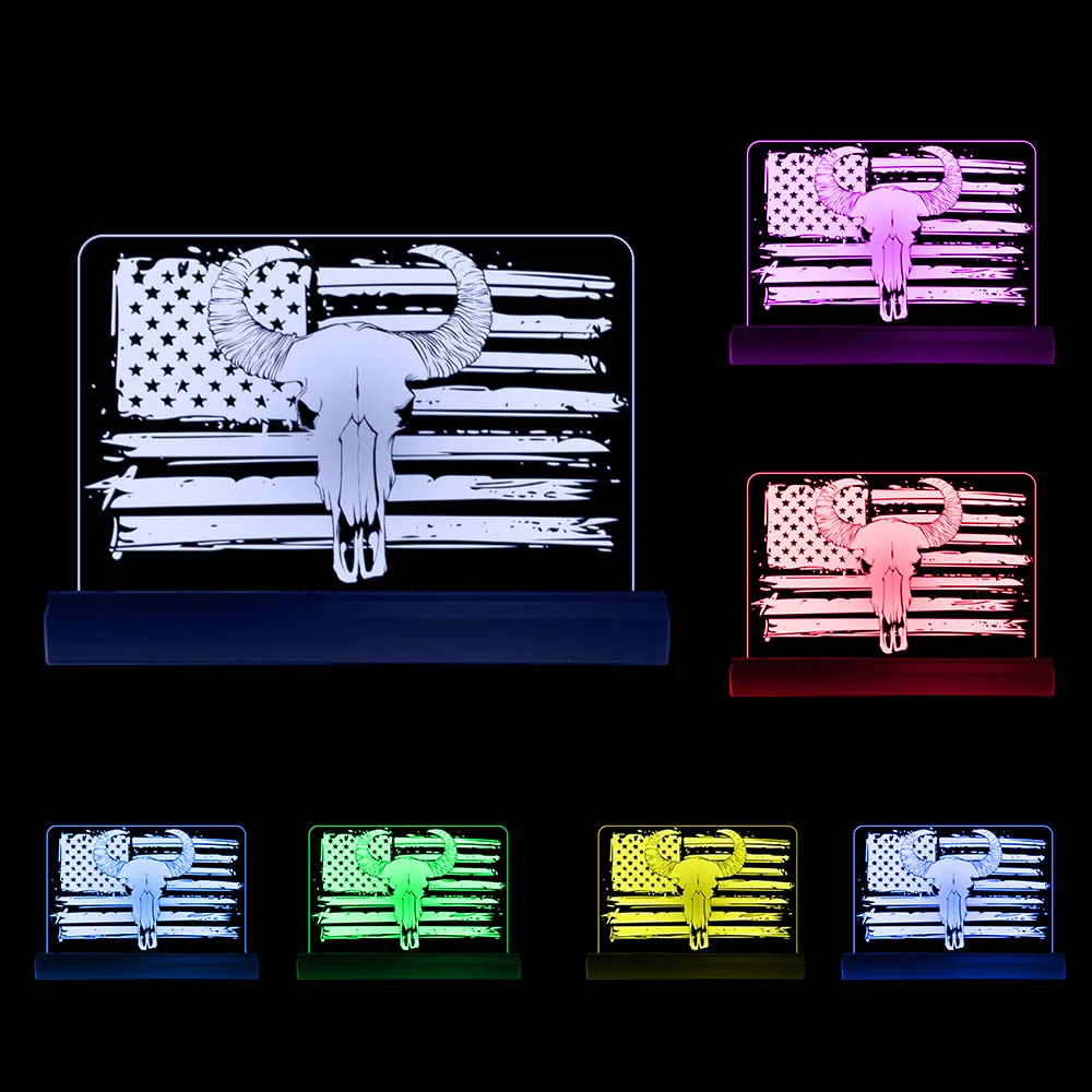 Touro crânio com bandeira americana conduziu a lâmpada arena decoração sinal de alta moral 3d iluminado plexi vidro legal design luz concorrente presente