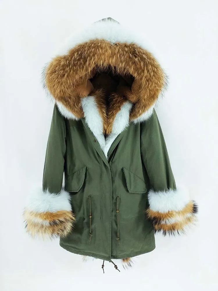 Parka longa impermeável para mulheres, casaco de pele real, pele de raposa natural, gola de pele de guaxinim, streetwear quente grosso, jaqueta destacável, inverno novo