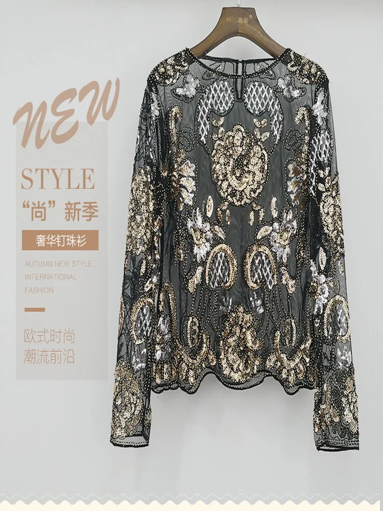 H80&S90 New Women Crystal Sequin Embroidery Blouse Lace Gteometric Heavy Beads Pullover Sexy Blusas Camisa Clubs Hollow  Tops