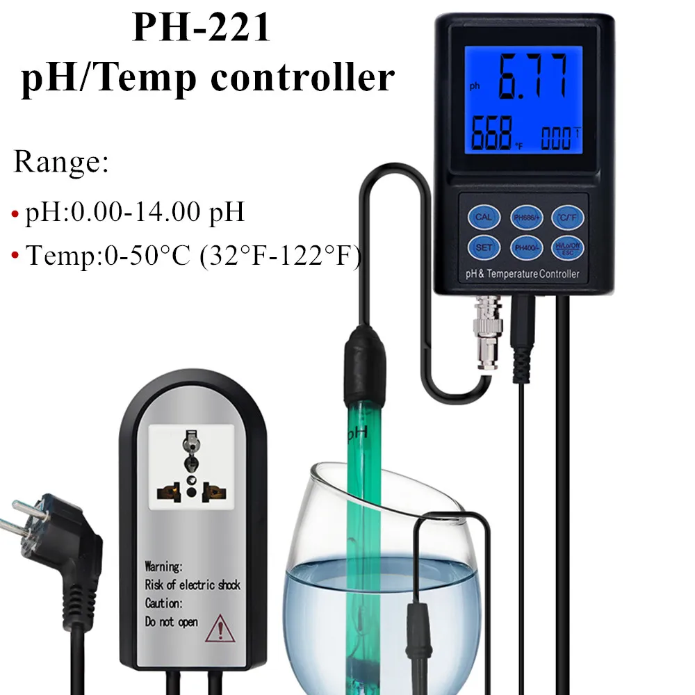 

PH-221 Digital pH/Temperature controller PH Meter Aquarium Pool Water analyzer 0.00~14.00pH Range with Output Power 40%off