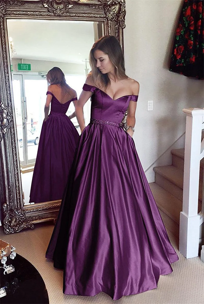 2020 Nieuwe Collectie Sweetheart Off Shoulder Satin Lange Avondjurken Formele Avondjurken Elegante Crystal Backless Party Dress