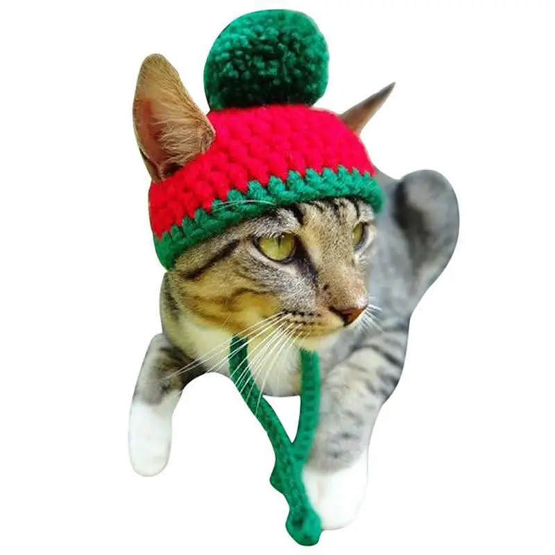 Sweet Knitted Cat Accessories For Chritmas Handmade Hat For Dogs Red Kitten Necklace Knited Pet Hat Cute Puppy Decorations