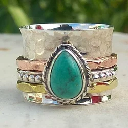 New Retro Turquoise plated tricolor men's and women's ring European American Wedding gem