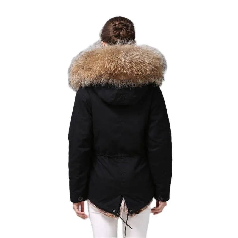 Mhnkro New Arrival Black Detachable Fur Parka Natural Faux Rex Rabbit Lined Winter Huge Fur Collar High Quality Design