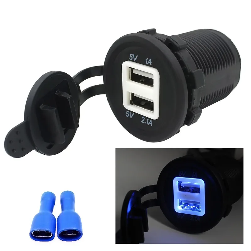 Enchufe de encendedor de coche universal impermeable, adaptador de corriente de cargador USB Dual de 12V-24V, 5V, 2.1A