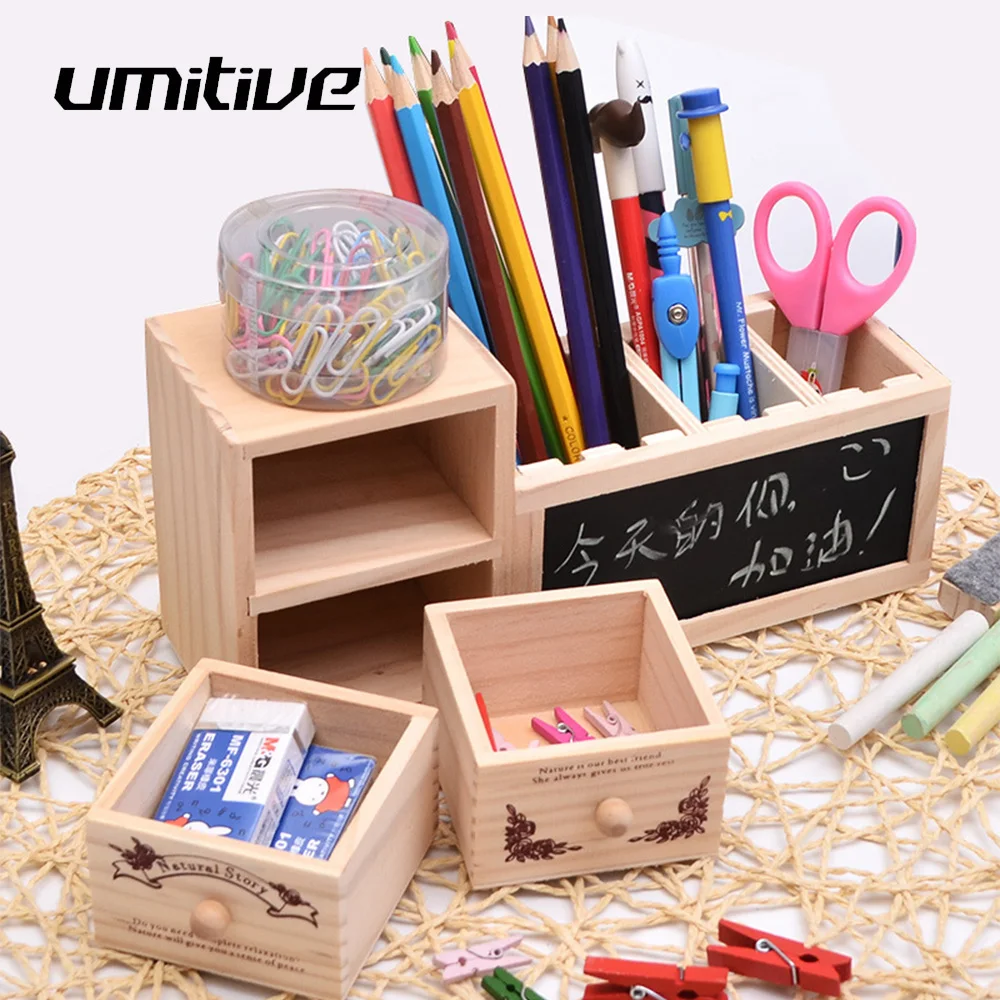 Umitive 1pcs Creative Wooden Double Drawer Pen Holder With Blackboard Desk Organizer Storage Box Office Stationery Accessories