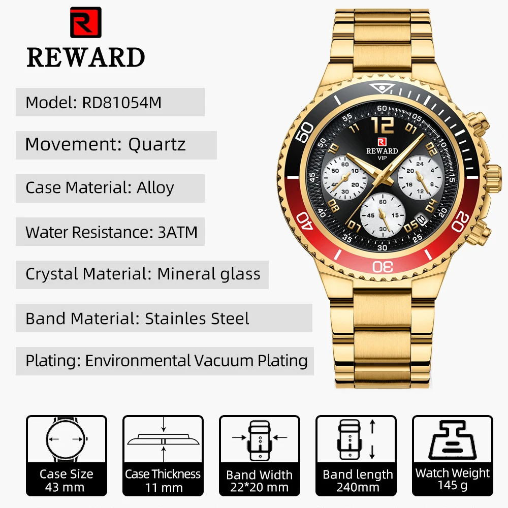 REWARD New Mens Watches Golden Full Steel Wrist Watch Top Brand Luxury Waterproof Luminous Quartz Watch Men Relogio Masculino