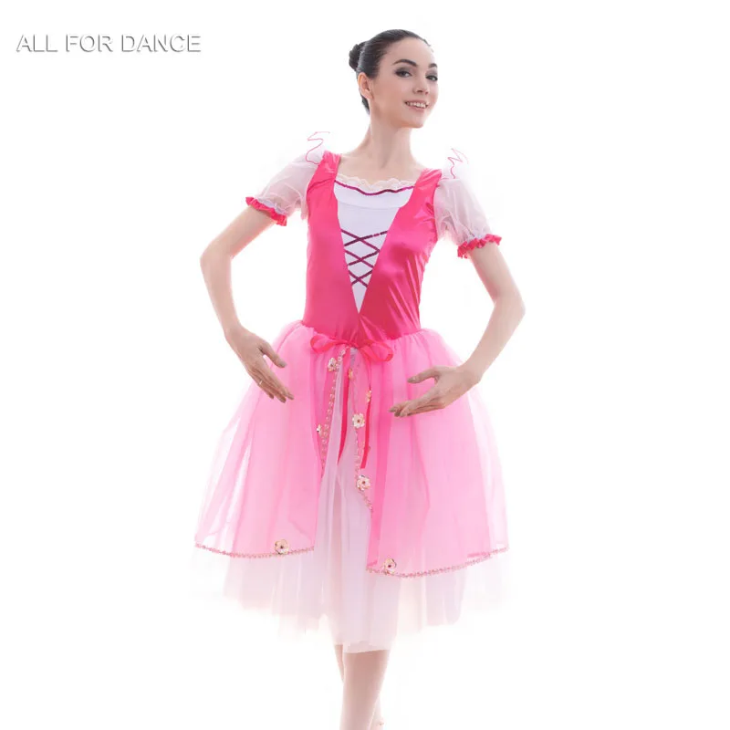 

18432 Hot Pink Romantic Ballet Dance Tutus Leotard Dress White Puff Sleeve with Rose Red Satin Bodice Stage Performance Costume