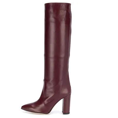 Fall Winter Women Burgundy Leather Boots Chunky High Heels Knee High Botas Mujer Fashion Designer Women Boots Shoes Woman