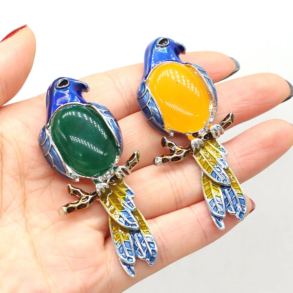 Vintage Jewelry Pins Natural Semi-precious Stone Crystal Agates Badges Enamel Bird Pendant Brooches for Women DIY Accessories