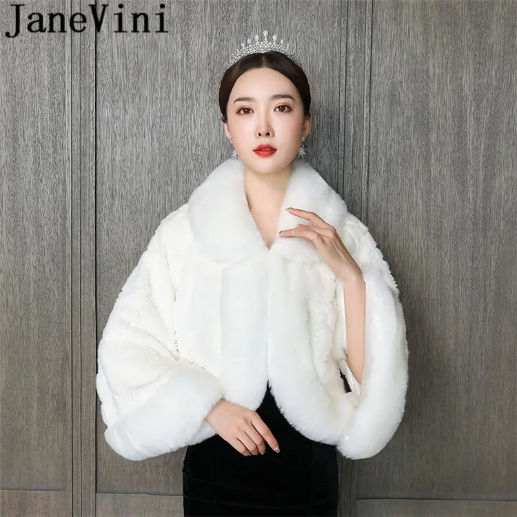 JaneVini Bride Fur Coat with Long Sleeves High Neck Faux Fur Wedding Bridal Top Wraps Capes Womens Jackets Winter Dress Boleros