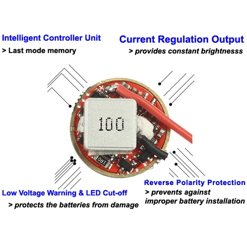 P4000 20mm 5A 1 or 2-cell 3V - 9V Buck Driver Board High Power LED Flashlight Driver