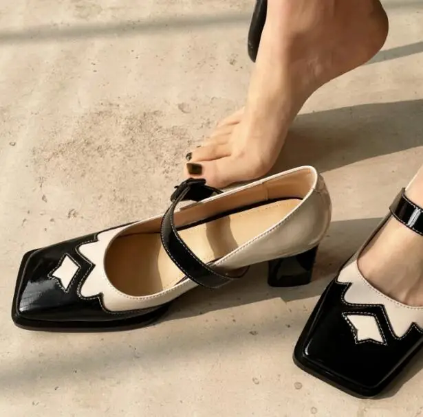 Drop Shipping Woman Black White Brown Patent Leather Patchwork Mary Jane Shoes Female Square Toe Buckle 65 mm Heels Retro Pumps