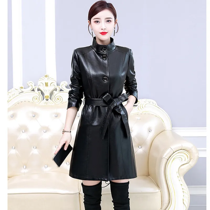 UHYTGF Autumn Winter leather jacket women Standing collar Belt slim women coat luxury biker leather jacket 5XL big size tops 926