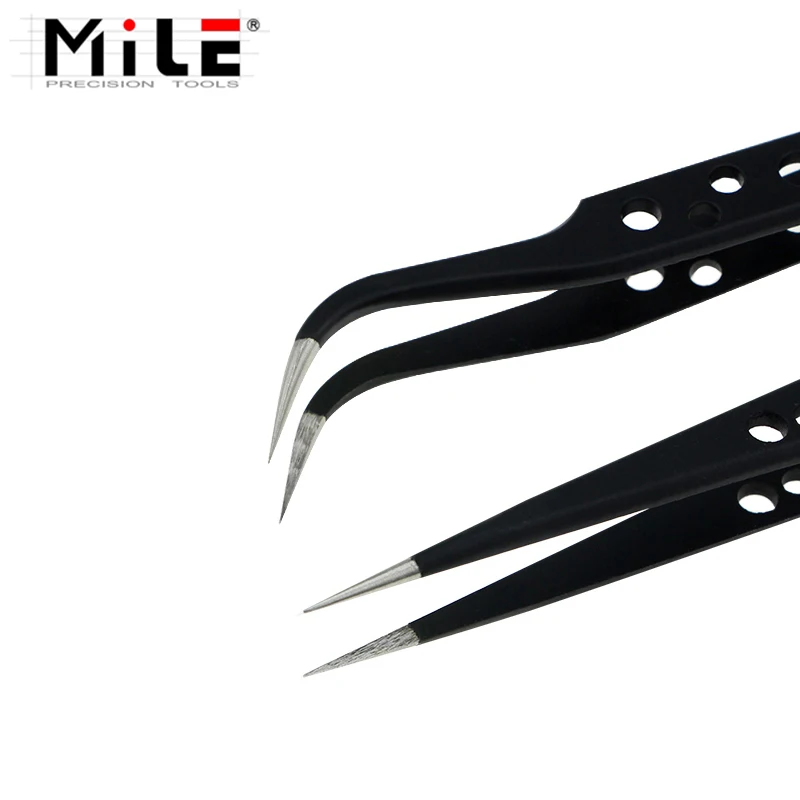 1PCS Stainless Steel Anti-Static Tweezers ESD Nine Holes Precision Curved Straight Tip Forceps Tools