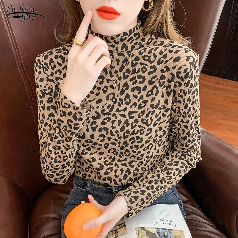 

Fashion Leopard Print Women Blouse Long Sleeve Sexy Bottomed Shirt Tops Women Autumn and Winter New Slim Blouses Blusas 17388