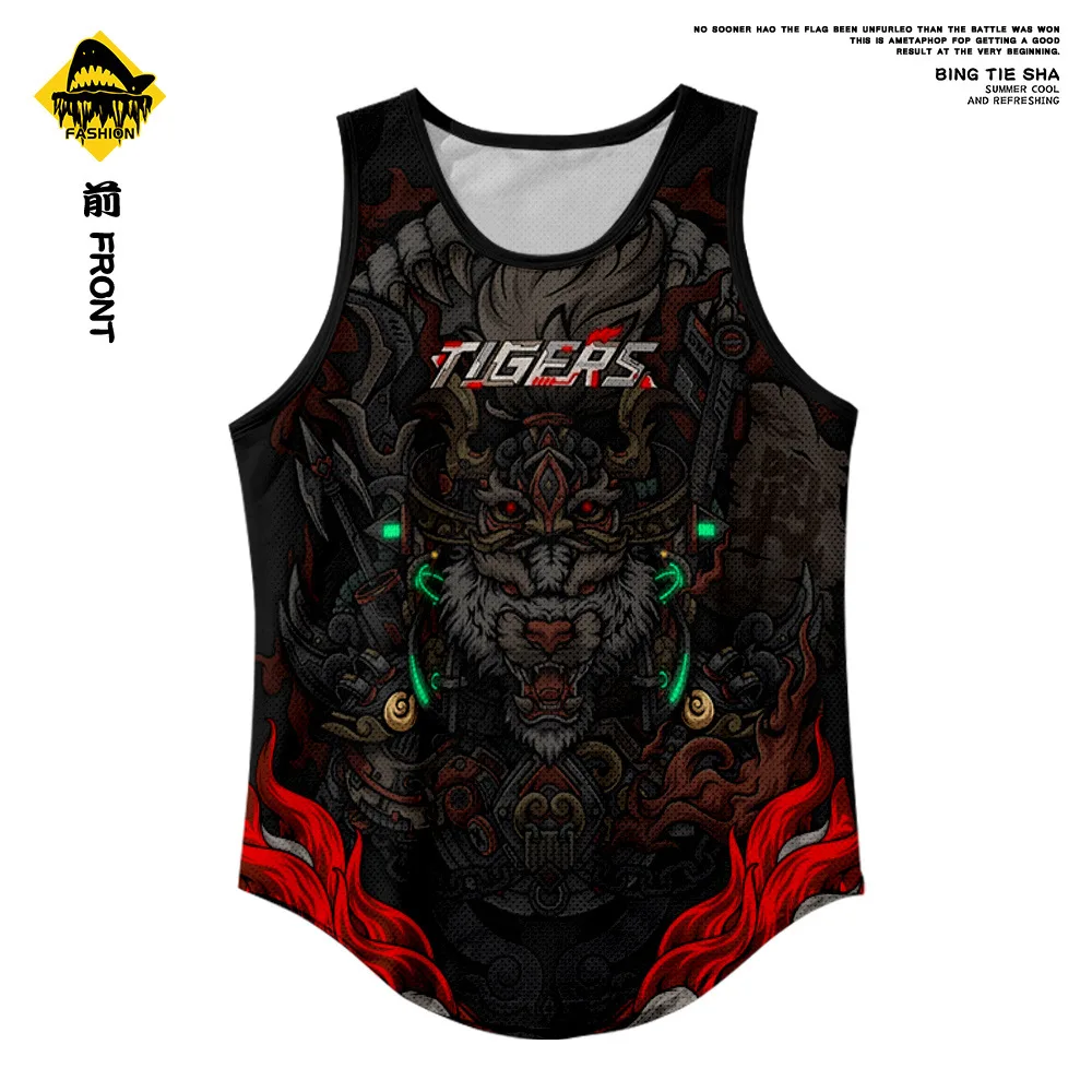 Men\'s Fashion Sleeveless Black Tiger Print Tank Top Vest Fitness Bodybuilding Muscle Undershirt Gym Sportwear