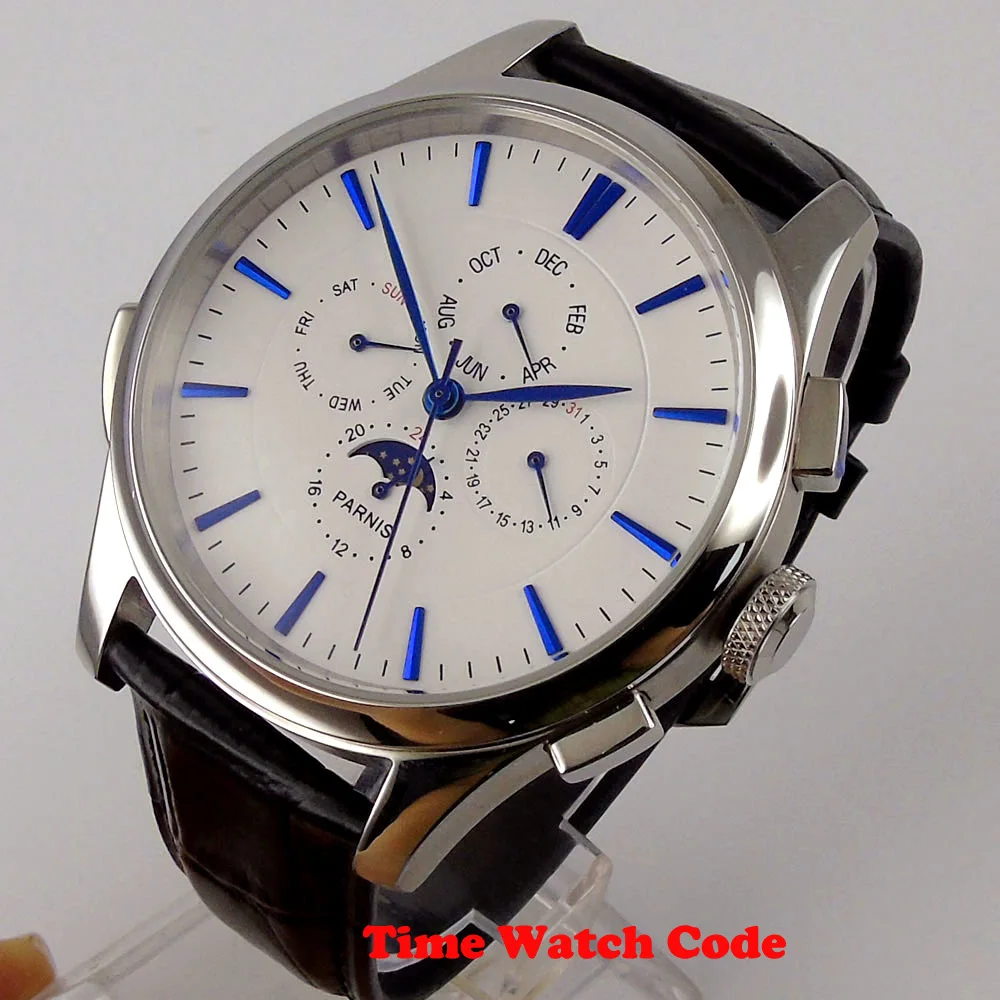 

44mm PARNIS Automatic Men's Watch White dial Blue marks hands Date indicator week display Moon Phase Multifunction black leather