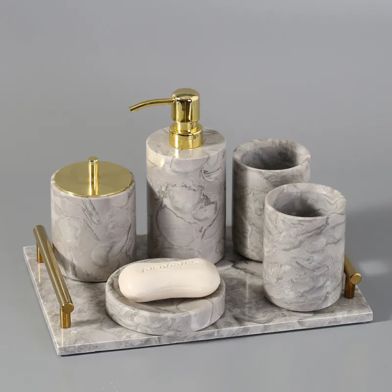 Overlord Natural Marble Bathroom Liquid Soap Dispenser, Bottle Dish Tray, Cotton Swab, Tissue, Napkin Box,Toothbrush Holder Rack