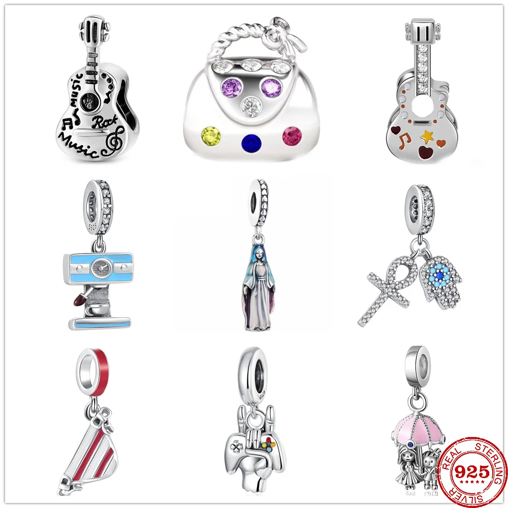 New Hot Sale 925 Sterling Silver Sparkling Guitar Bag Charm Beads Fit Original Pandora Charms Braceler DIY Woman Jewelry Gifts