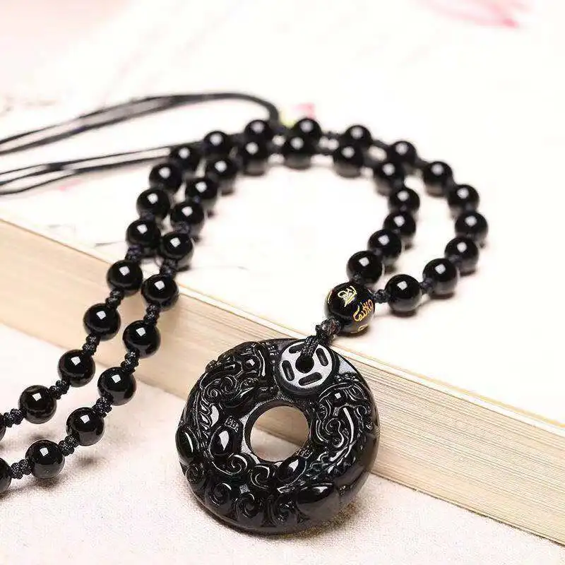 Natural Black Obsidian Hand Carved Chinese Pixiu Phoenix BaGua Lucky Amulet Peace Mascot Pendant Necklace For Women Men