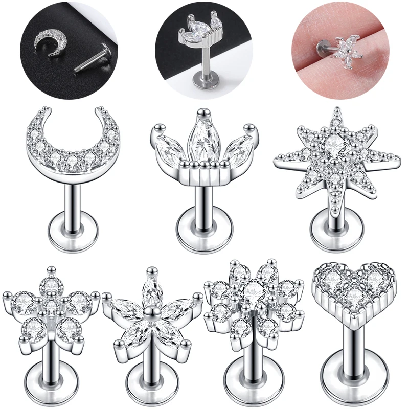 ZS 16G Zircon Môi Nhọn Trăng Hoa Labret Xuyên Thép Không Gỉ Bông Bông Tai Đồng Xoắn Ốc Xà Cừ Bông Tai Trái Tim Môi bông Nữ