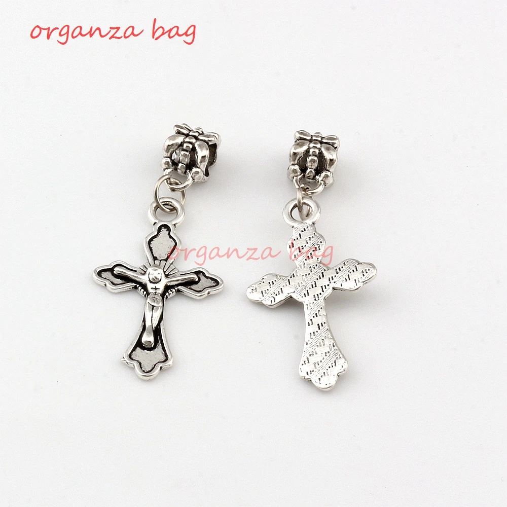 100Pcs Dangle Alloy Jesus Christ Cross Charm Big Hole Beads Fit European Charm Bracelet Jewelry 17.5x43mm A-267a