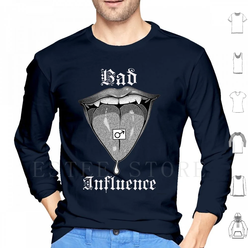 Bad Influence Mouth With Fangs-Text Hoodies Long Sleeve Fangs Mouth Vampire Tongue Anime Animecore