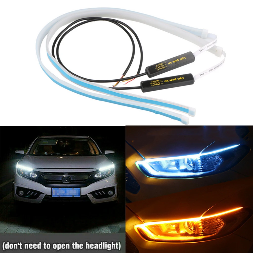 Luces De Circulación Diurna LED DRL ultrafinas para coche, señal de giro Hite, tira LED Flexible amarilla, guía LED para montaje de faros, 2 uds.