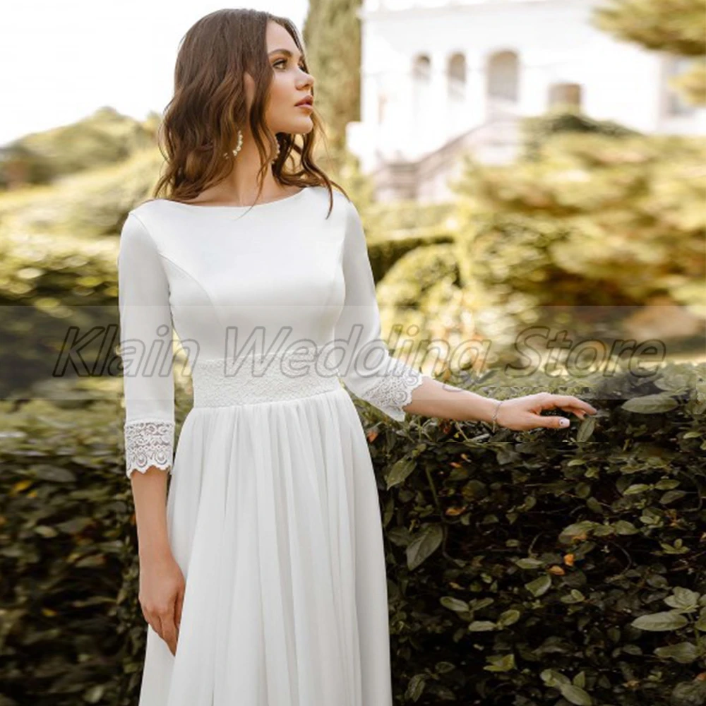 Customized Modest Chiffon Muslim Wedding Dresses Elegant Three Quarter Sleeve Lace O-neck A-line Bridal Gowns With Button Back C