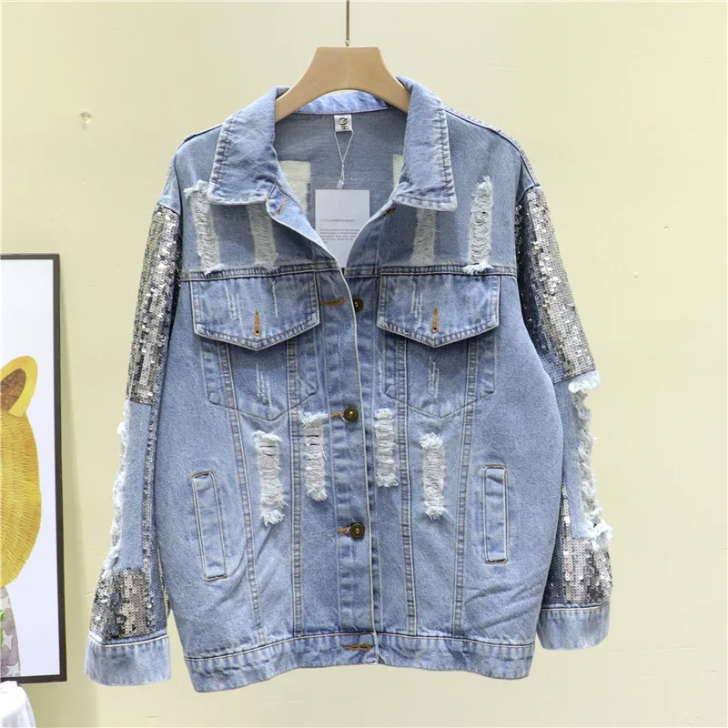 Korean Sequins Washed Blue Hole Denim Coat Women Loose Vintage Casual Casual Jean Jacket Long Sleeve Female Spring Basic Coat