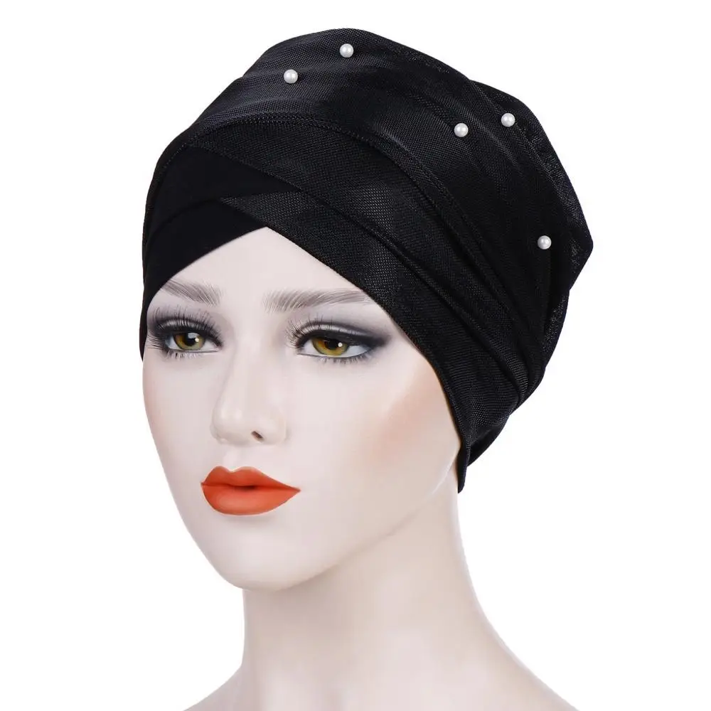 Écharpe de Sauna Islamique pour Femme Musulmane, Bonnet, Turban à Perles, Hijab, Casquettes Indiennes, Vide, 3 Plis