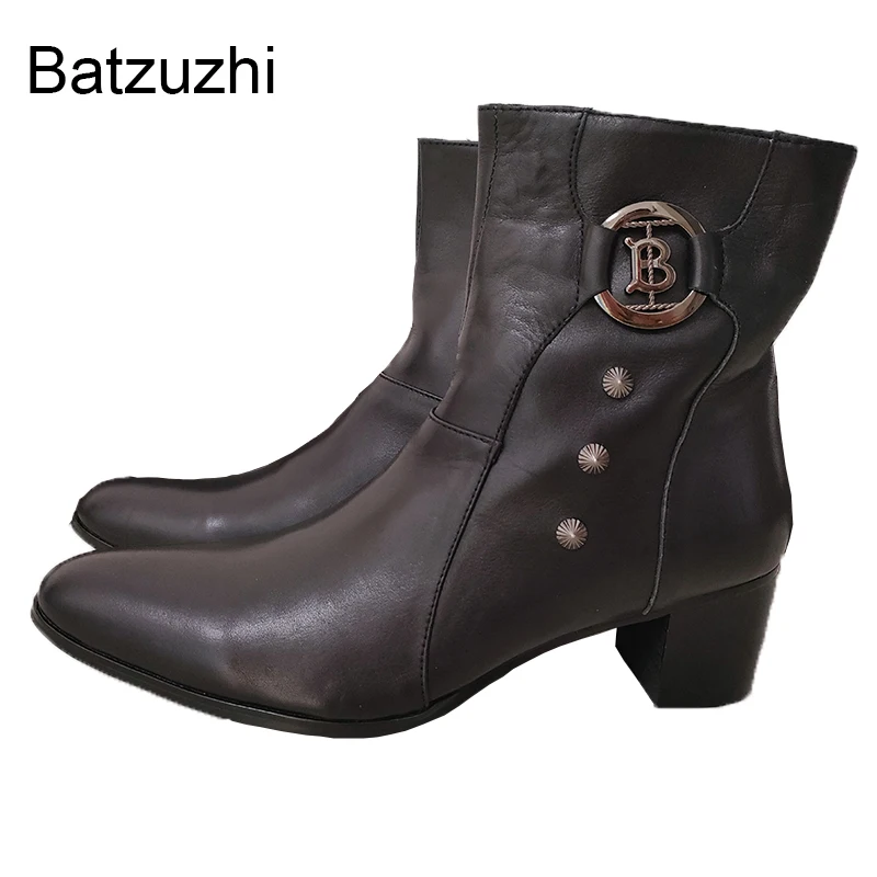 

Batzuzhi 7cm High Heels New Men Boots Genuine Leather Boots Men Black/Red Knight Botas Hombre for Party/Wedding! Big Size 38-46