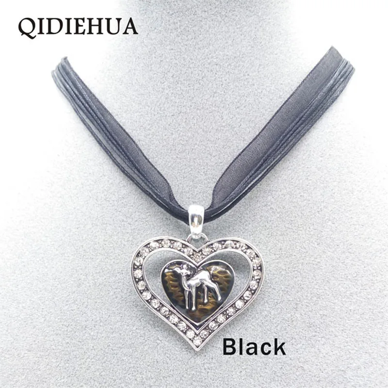 QIDIEHUA Fashion Cute Deer Necklace Pendant Vintage Heart Enamel Necklace Charming Ribbon Rope Choker Jewelry Wholesale