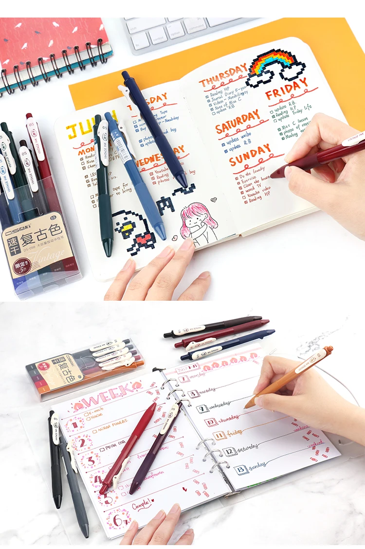5pcs Vintage Color Ink Pens Set Quick-dry Highlight Writing 0.5mm Ballpoint Pen Diary Drawing Marker Liner Art DIY School