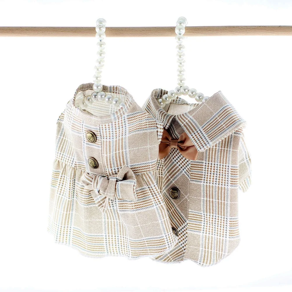 Cute Plaid Summer Clothes for Dogs, Fresh Khaki Suit, Dog Shirts, Snap Button Decor Dresses for Dogs, Bowknot