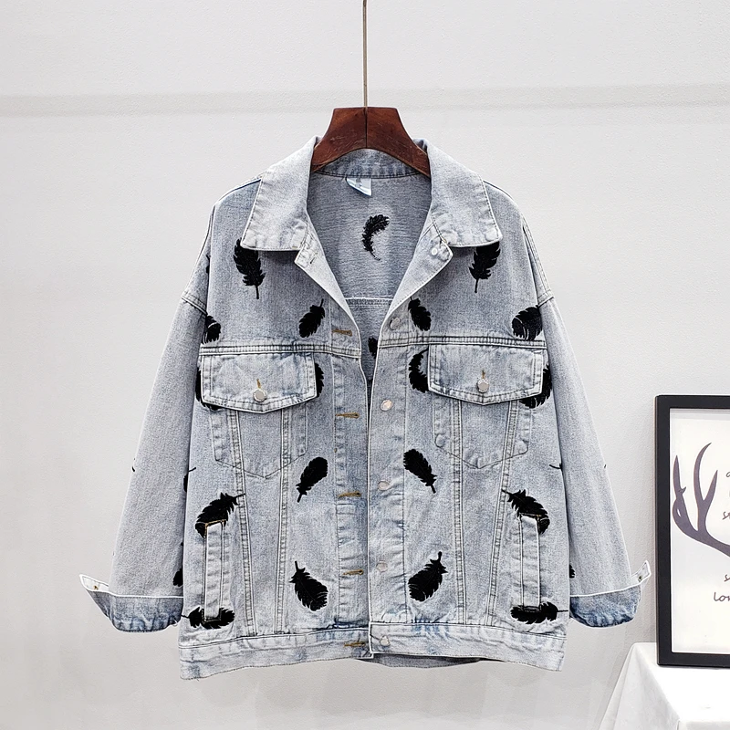 Embroidered Feathers Denim Jacket Women 2021 Spring Bomber Jacket Coat Female Chic Women Outwear Veste Femme Ropa De Mujer