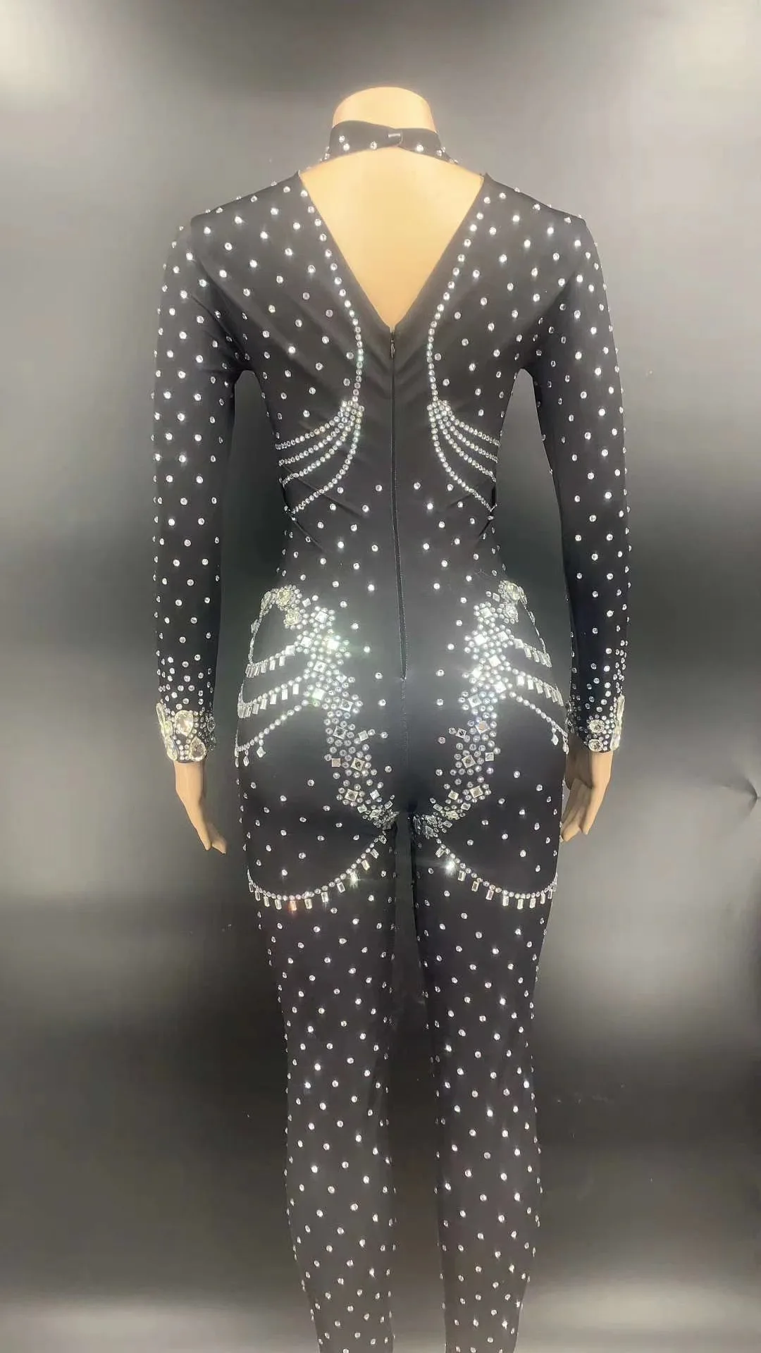 New Sparkly Silver Crystals Chains Jumpsuit Black Stones Fringes Female Singer Evening Birthday Party Stage Sexy Jumpsuit