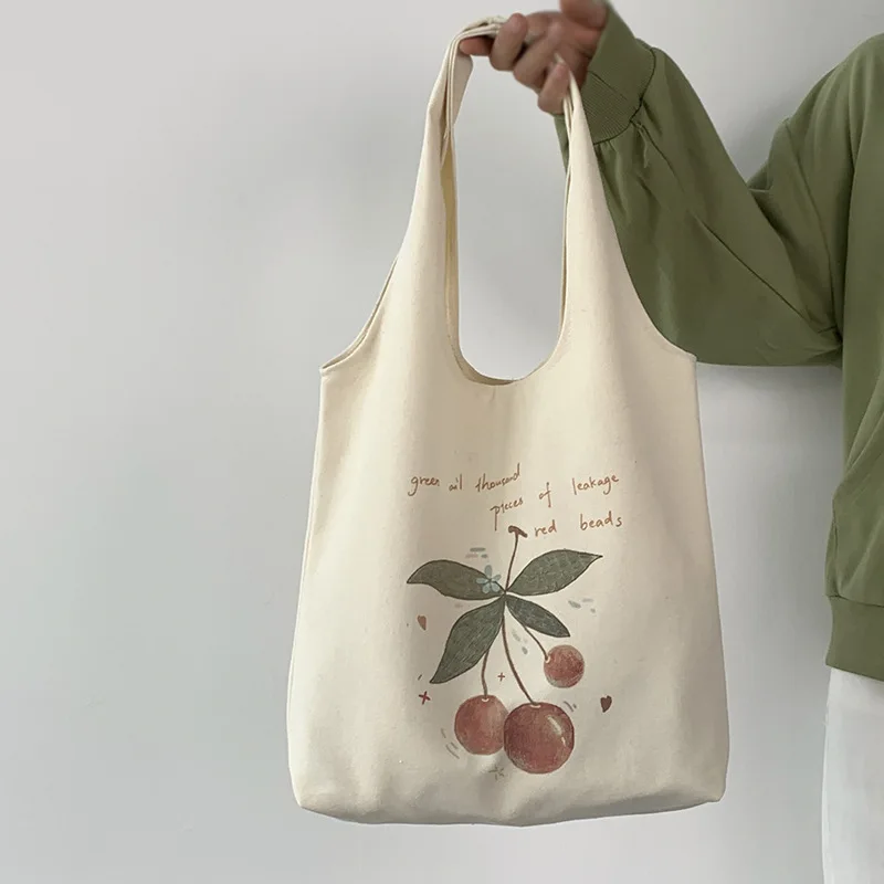 Literature Cherry Print Tote Open Shopping Bag for Lady Canvas Shoulder Bag Women Students Cotton Cloth Eco Shopper Bag