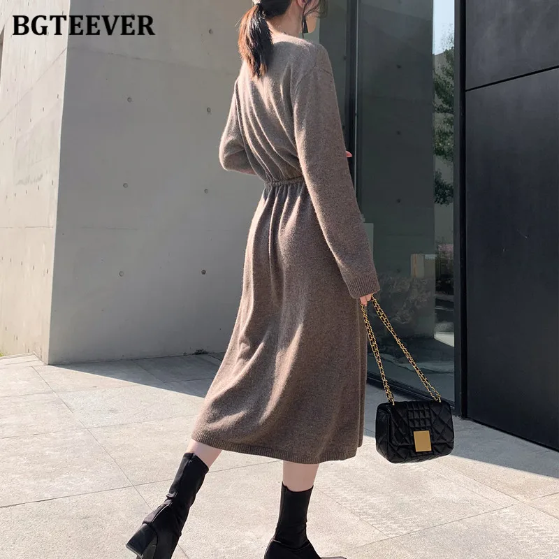 BGTEEVER Vintage Women Knitted Dress Autumn Winter Brief V-neck Warm Drawstring Lace-up Loose Midi Female Sweater Dress 2020