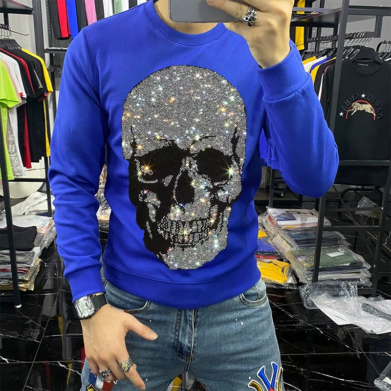 European Winter 2021 Brand Men\'s Hoodie Shiny Skull Hot Diamond Fashion Hoody Fleece Warm Casual Sweatshirt Street Star Oversize