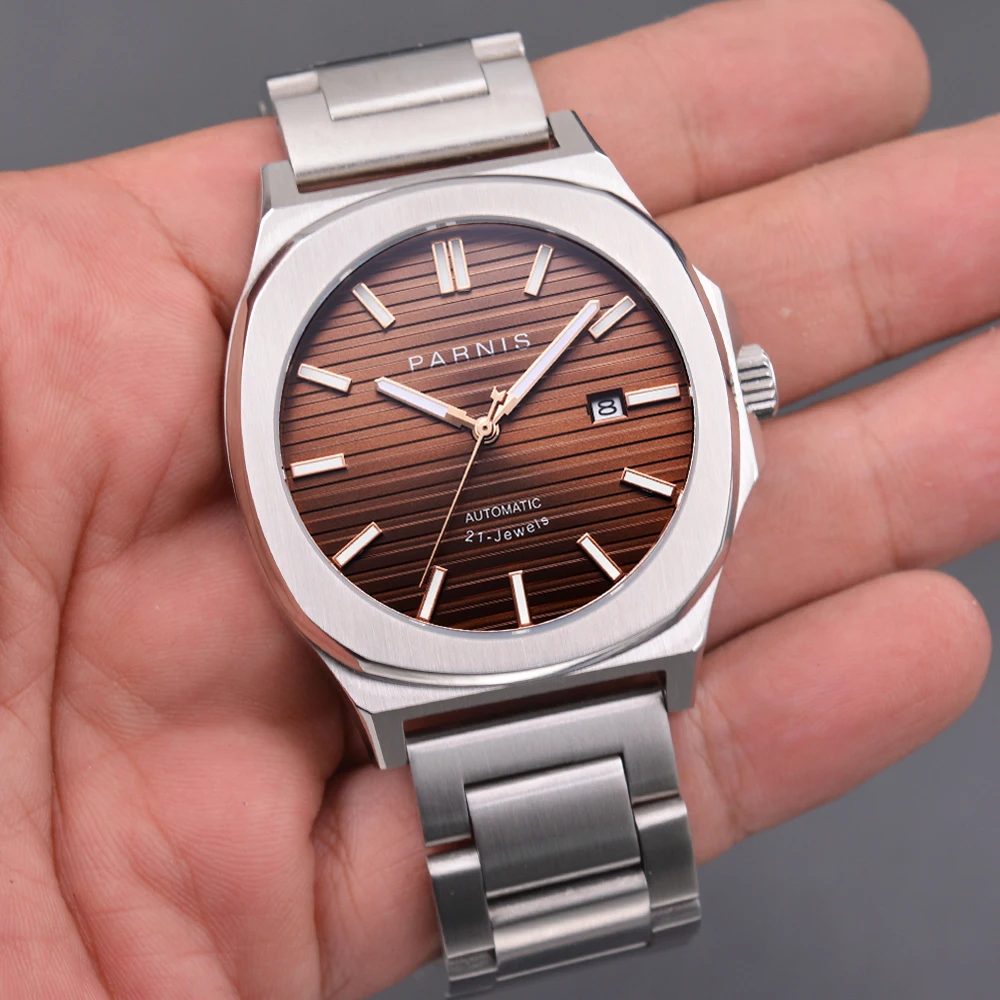 PARNIS Luxury Dress Square Men's Watch Coffee Dial Stainless Steel Band Sapphire Glass MIYOTA Movement