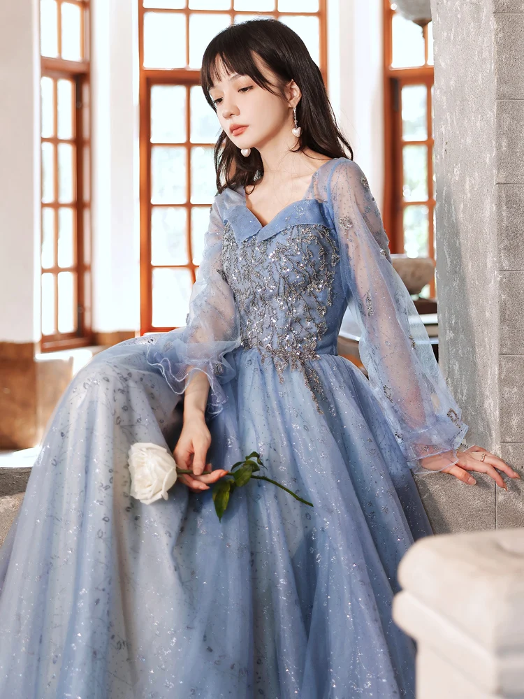 Long Sleeve Blue Evening Dresses For Wedding Party Luxury Appliques A-Line Floor-Length Fancy Tulle Women Formal Gowns