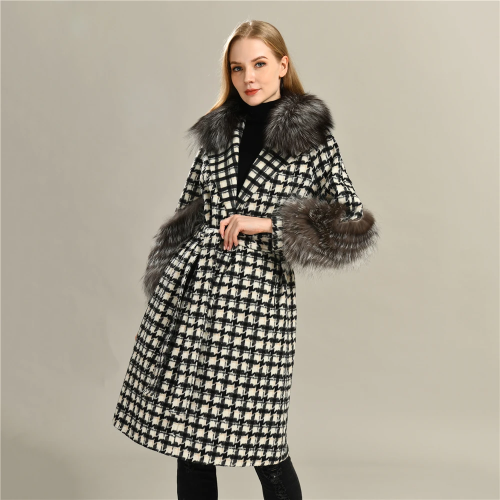 

Jxwatcher Women Elegant Long Wool Blend Coat with Belt Check Pattern Luxury Fur Sleeves Outerwear Ladies Overcoat Autumn Winter