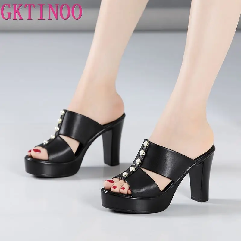 

GKTINOO Block Heel Black Slippers Women Shoes Summer 2024 Peep Toe High Heels Slides Leather Ladies Office Slippers Plus Size43