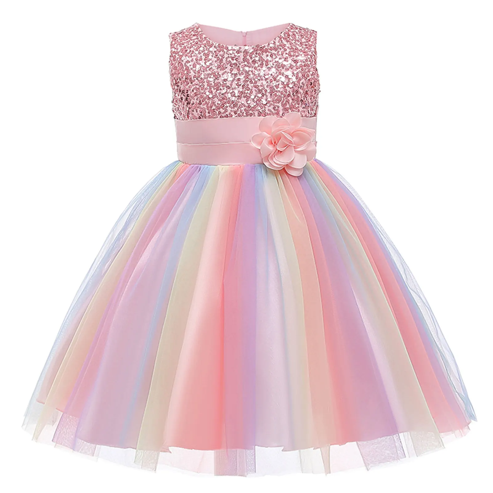 

Toddler Baby Girls Formal Dresses Flower Sequins Round Neck Rainbow Mesh Tutu Princess Dress Wedding Party Gown Prom Dress