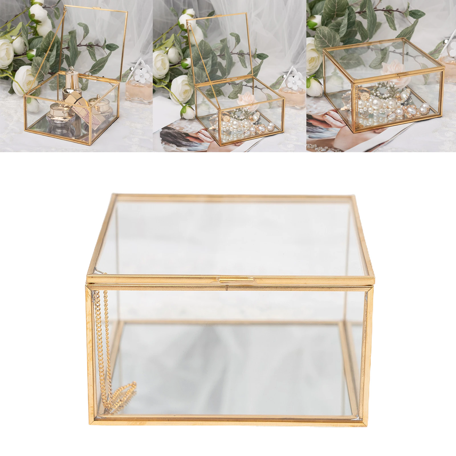 Golden Square Vintage Brass & Clear Glass Decorative Box Home Decor, Small Jewelry Case Box Organizer with Latching Lid 5x5x3\
